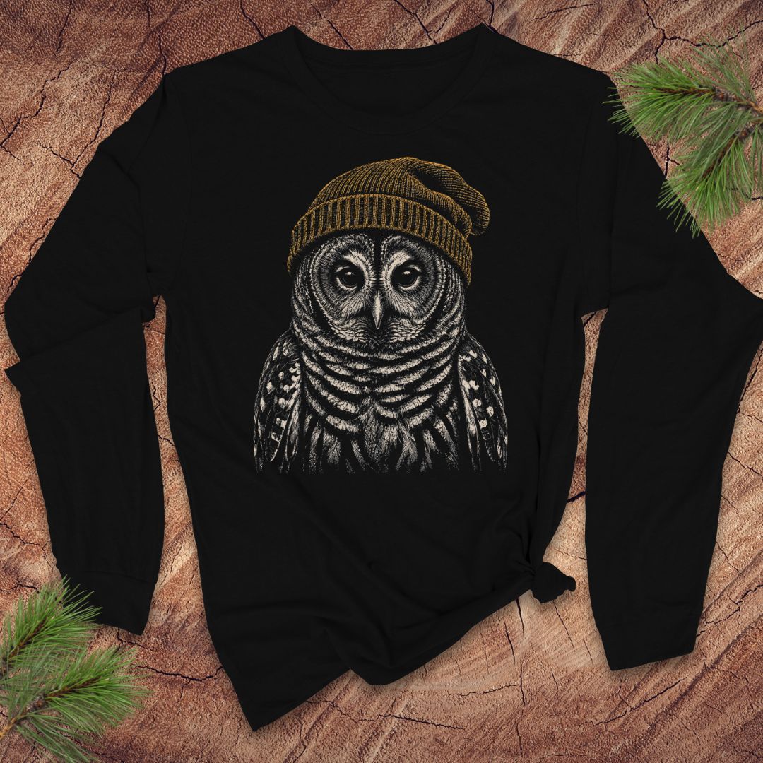 Fuzzy Cap Barred Owl Long-Sleeve Tee