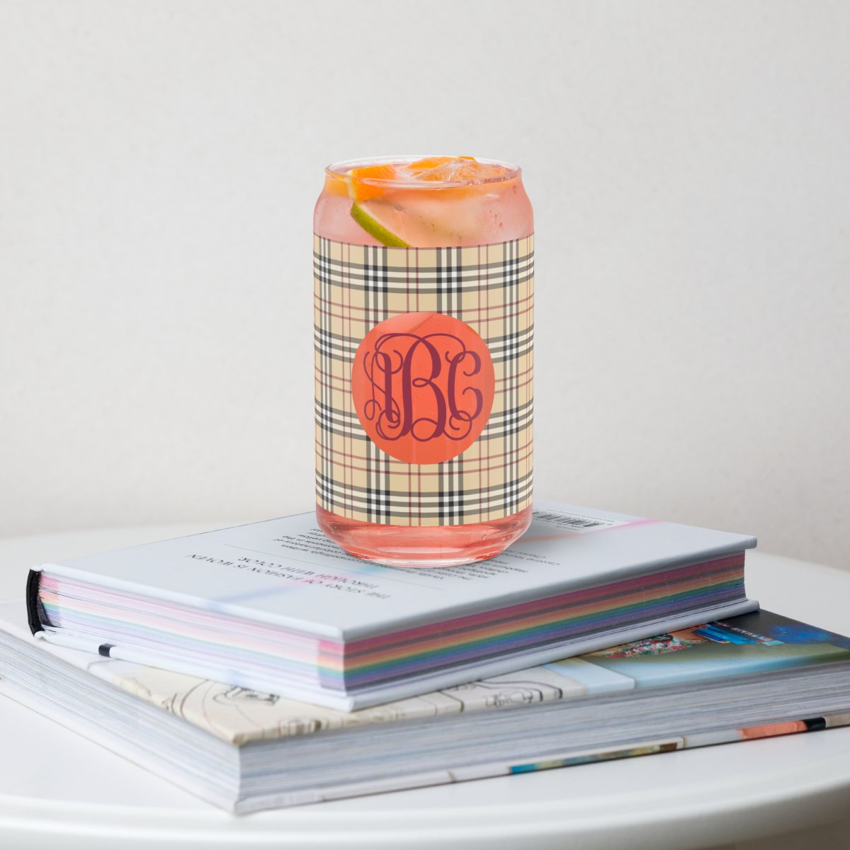Monogrammed Plaid Glass Can