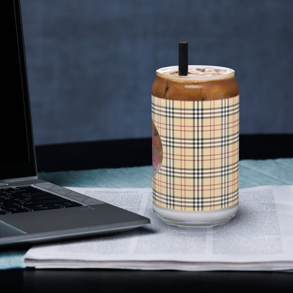 Monogrammed Plaid Glass Can
