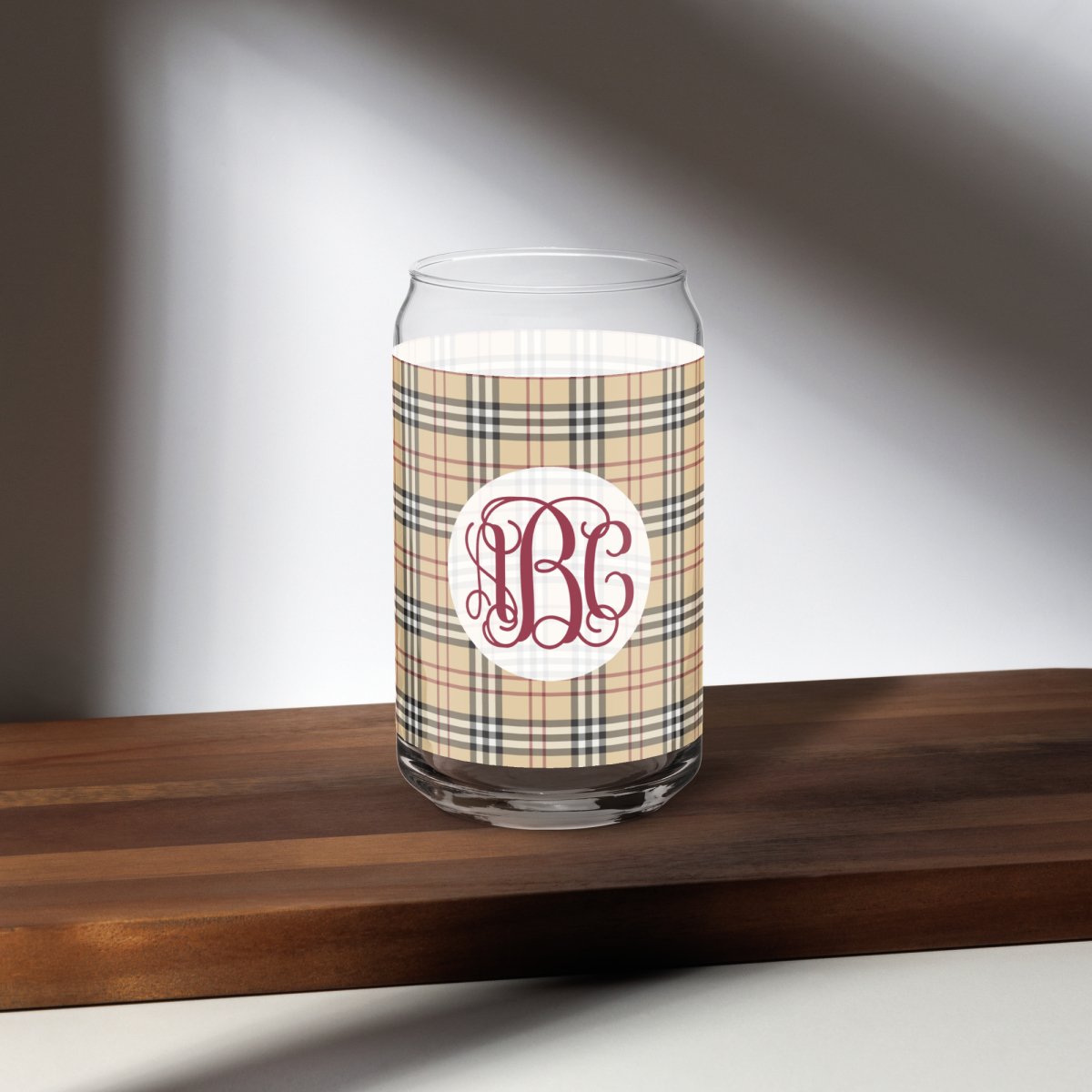 Monogrammed Plaid Glass Can