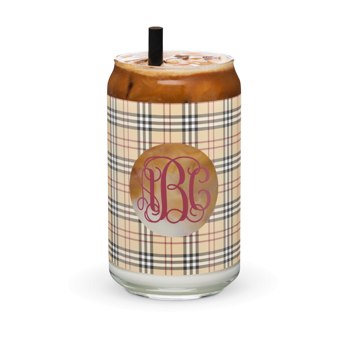 Monogrammed Plaid Glass Can