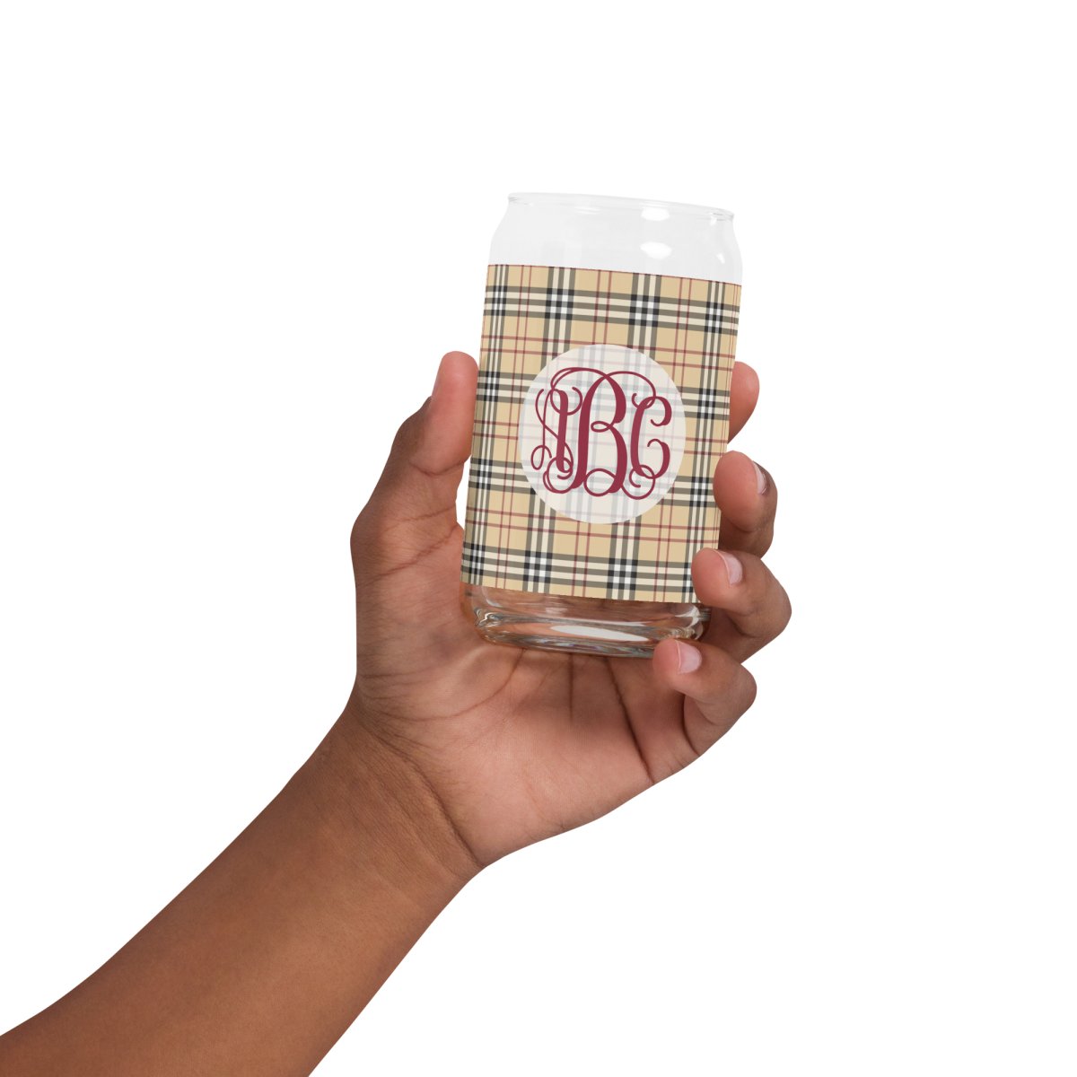 Monogrammed Plaid Glass Can
