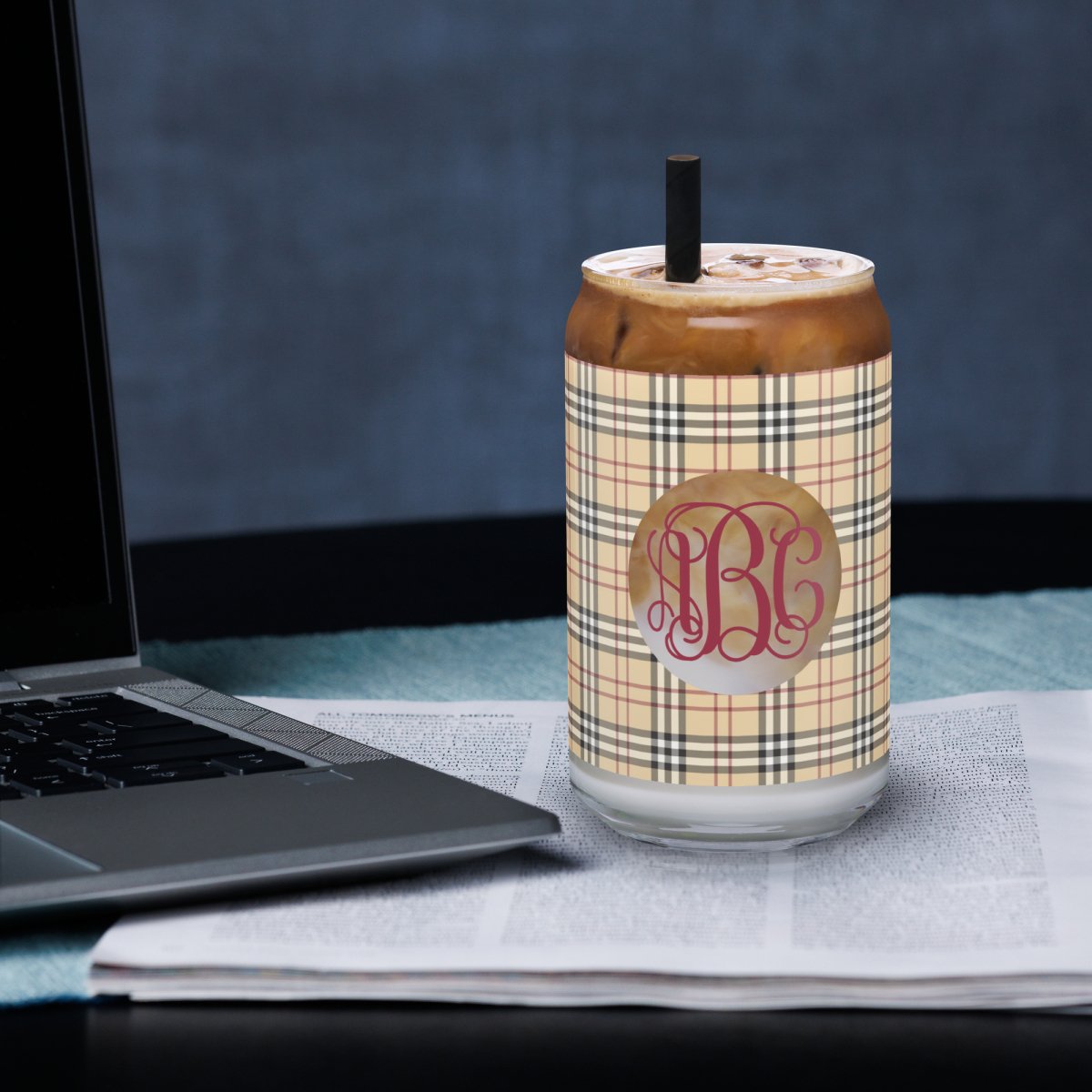 Monogrammed Plaid Glass Can