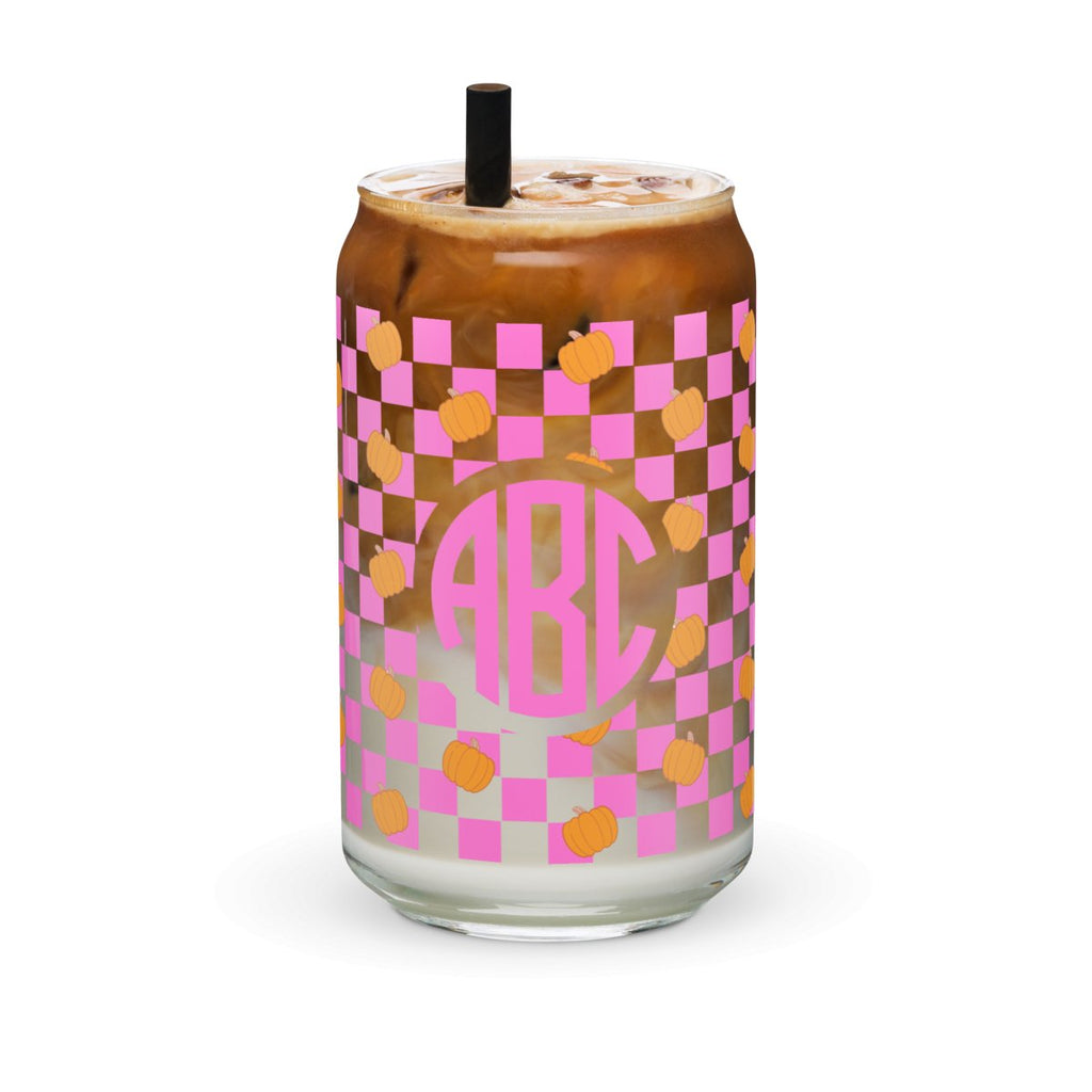 Monogrammed Pumpkin Check Glass Can