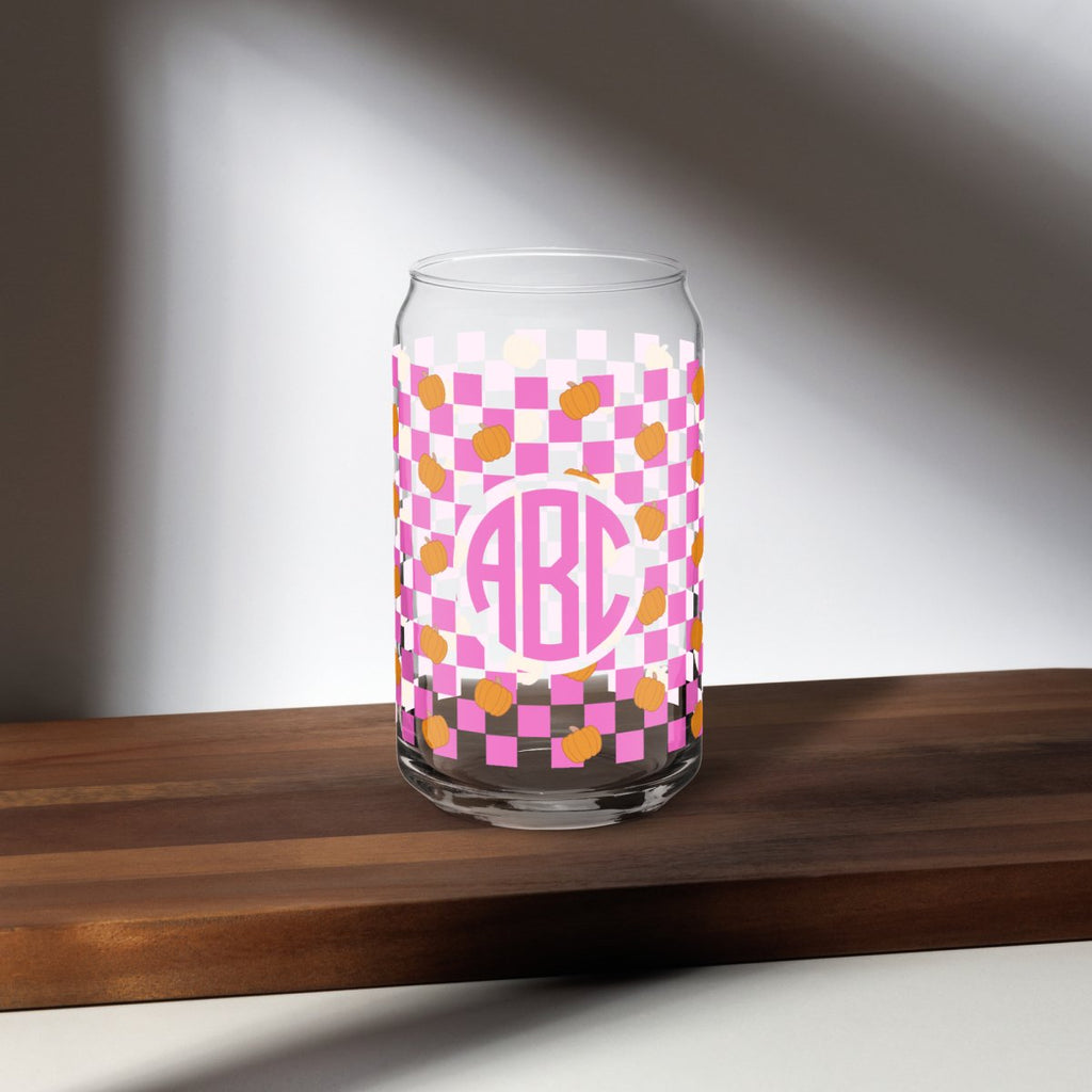 Monogrammed Pumpkin Check Glass Can