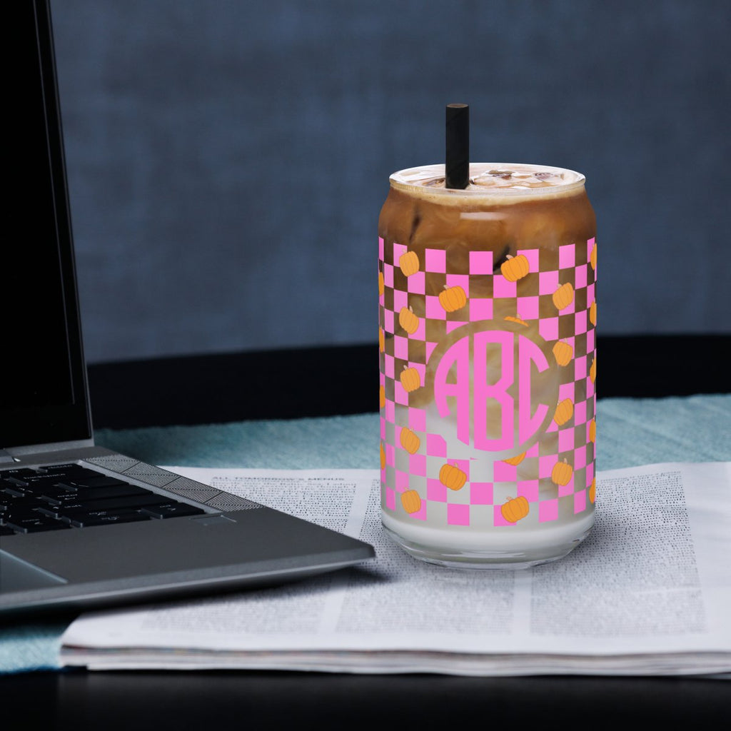 Monogrammed Pumpkin Check Glass Can