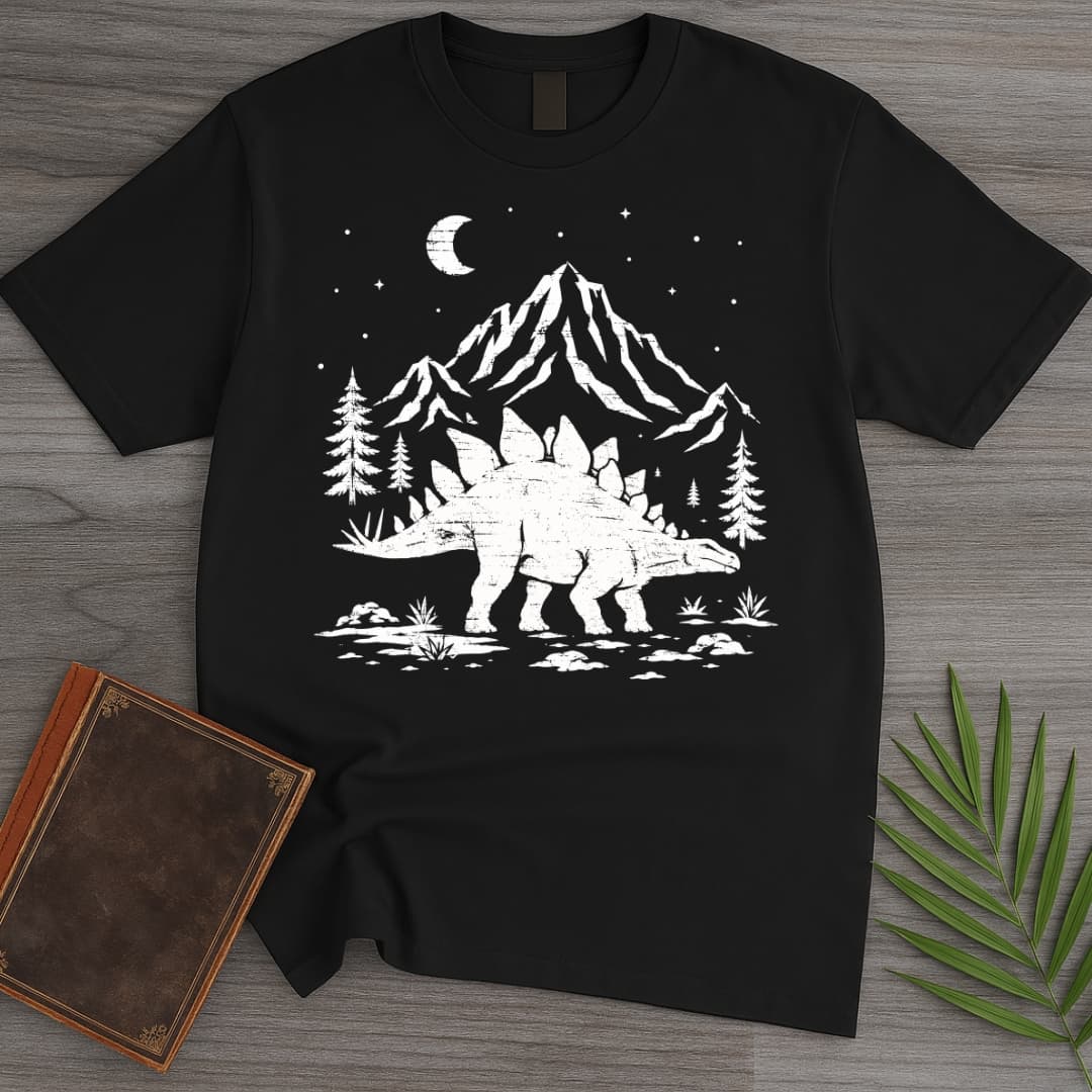 Woodcut Stegosaurus Moon T-Shirt