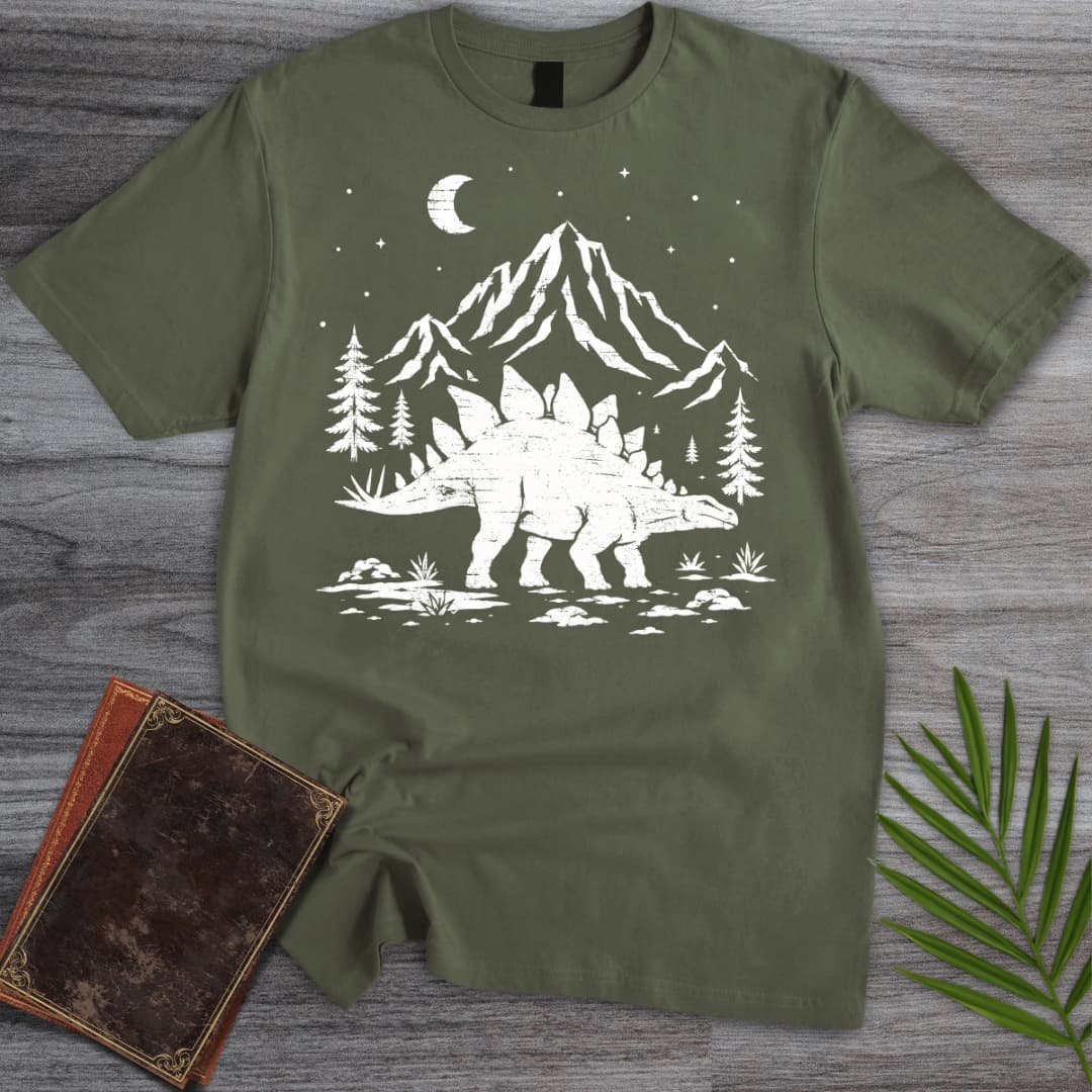 Woodcut Stegosaurus Moon T-Shirt